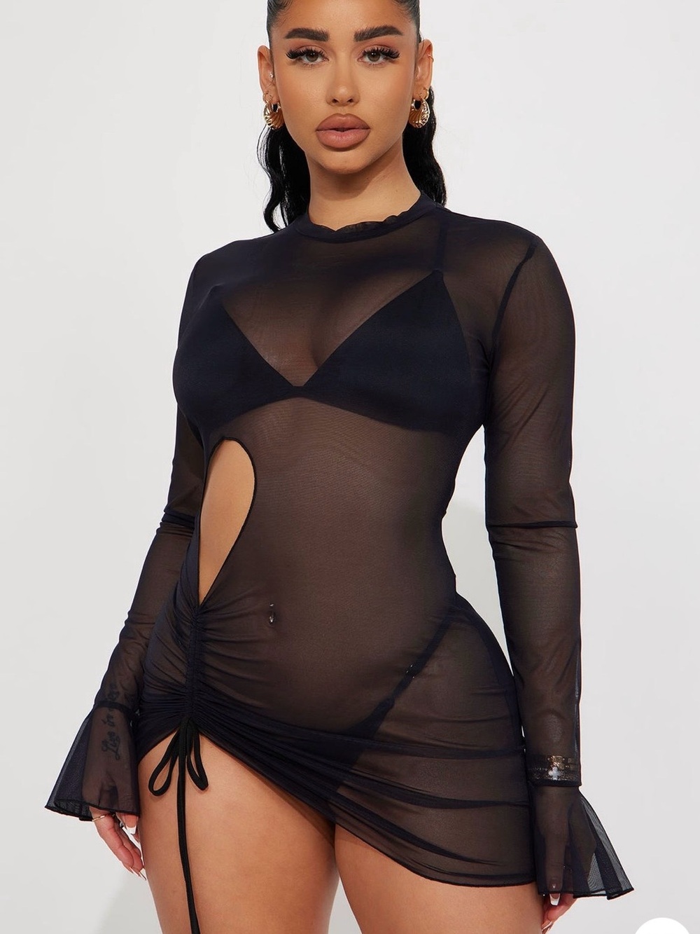 Fashion Nova Black Sheer Mesh Long Sleeve Swim Coverup